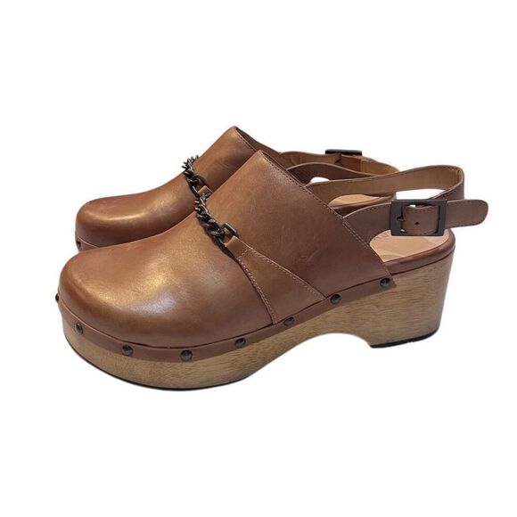 ANTHROPOLOGIE SILENT D SZ 40  GEORGIA HONEY LEATHER STRAP CLOG CHAIN $165 - Picture 1 of 9